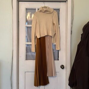 All Saints Two-Tone Pleated Maxi Skirt in Brown and Cream